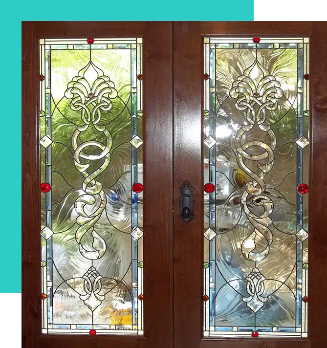 Double wooden doors with stained glass panels.