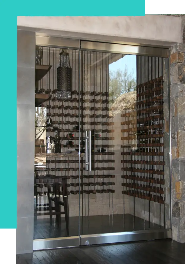 Glass doors leading to a wine cellar.